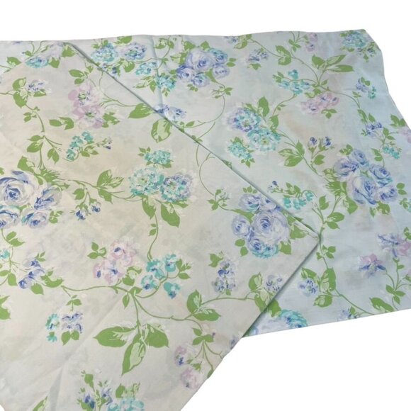 Set of 2 Vintage Pequot Standard Pillowcases u Floral No Iron Percale Blue Green - Picture 3 of 4